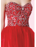 Red Tulle Beaded Sweetheart Neckline Knee Length Prom Dress